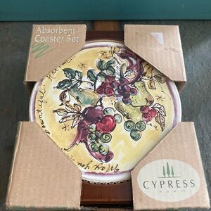 2006 Cypress Home Set Of Four Absorbent Stone Coasters With Rubber Wood Caddy